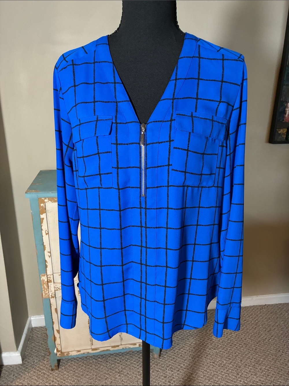 Express Blue Grid Zip Front Blouse